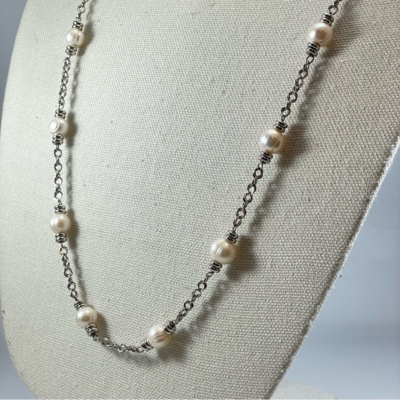 Vintage Honora Bronze H Italy Cultured White Pearl Chain Necklace Silver Tone - Picture 5 of 9